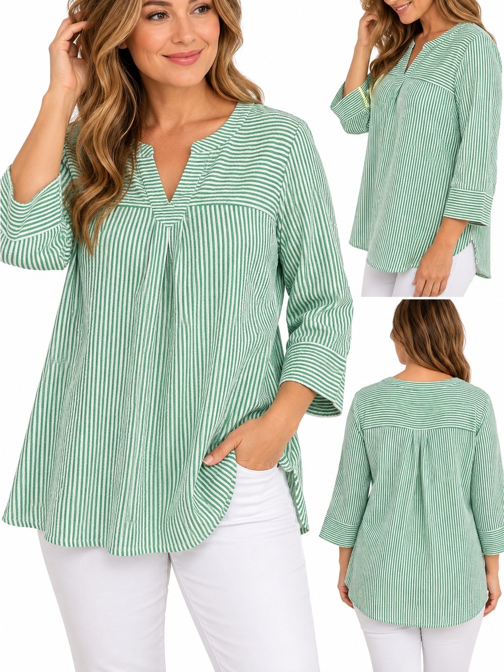 Joan Rivers 1X Green White Striped Tunic Top 3/4 Sleeve Cotton Blend Casual